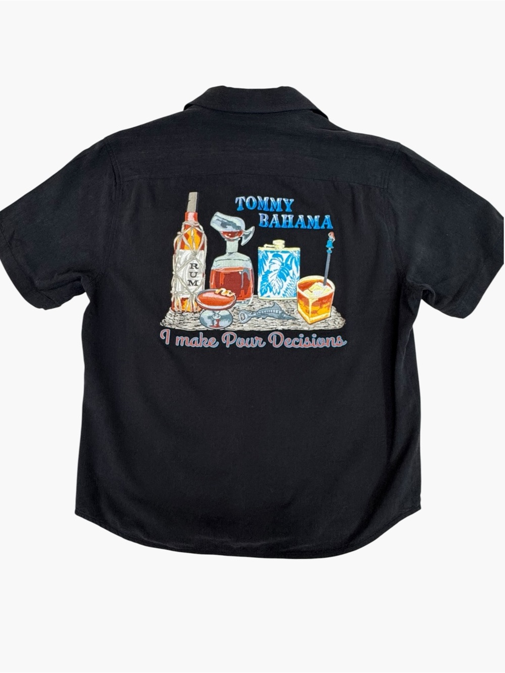 Tommy Bahama I Make Pour Decisions Silk Camp Shirt Mens M Black Embroidered